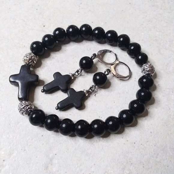 Earring + Bracelet Set! Glossy Black Stone Beads + Cross! Loss Grief Bereavement - Picture 1 of 10